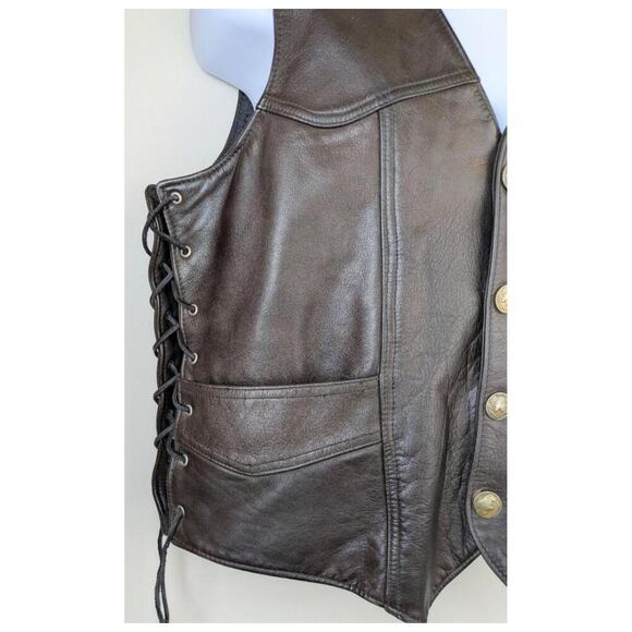 J Winter Leather Biker Vest Large Brown Western Yoke Lace Up Buffalo Snaps USA - Picture 4 of 12